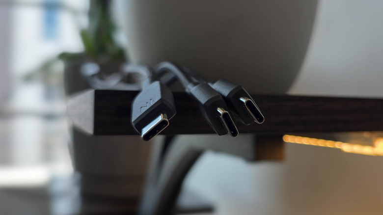 USB-C cables arranged on a shelf