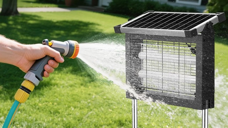 Spraying water at a mosquito zapper