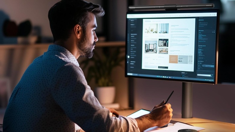 A person sitting and working in front of a monitor