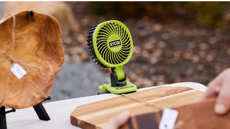 Ryobi USB Lithium Clamp Fan in use