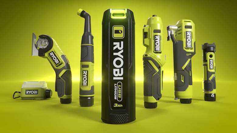 A showcase collection of Ryobi USB Lithium tools displayed on a background in Ryobi's signature color.