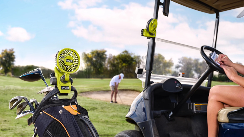 Ryobi USB Lithium clamp fan used on a golf course