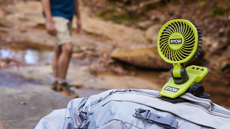 Ryobi USB Lithium clamp fan attached to a backpack