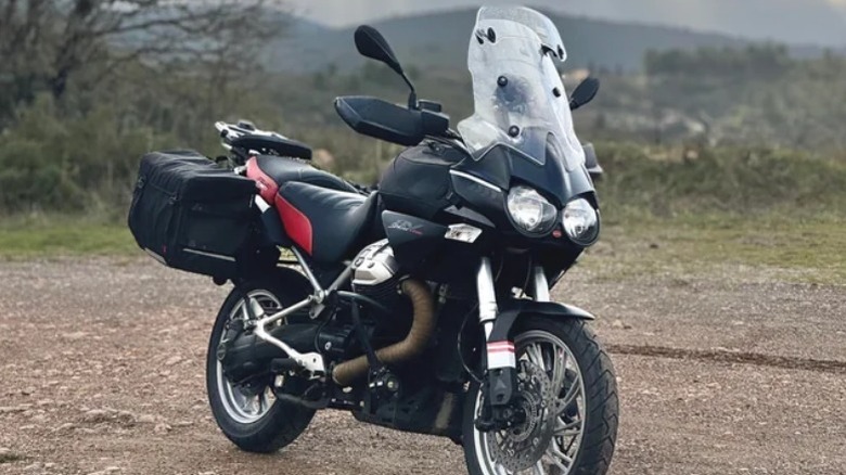 Moto Guzzi Stelvio 1200 parked on trail