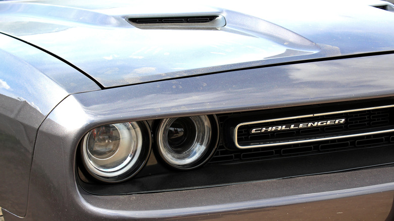 A close-up of a Dodge Challenger front-end.