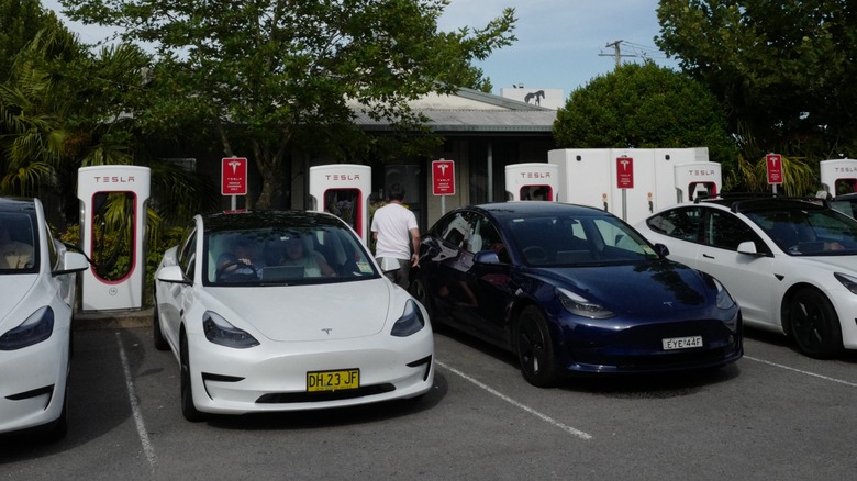 Tesla cars parked at a charging station