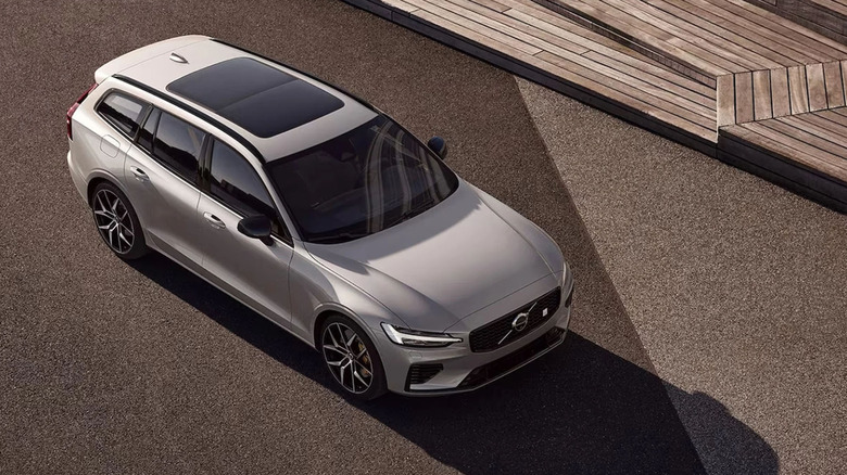 Top view of silver Volvo V60 T8 Polestar hybrid parked.