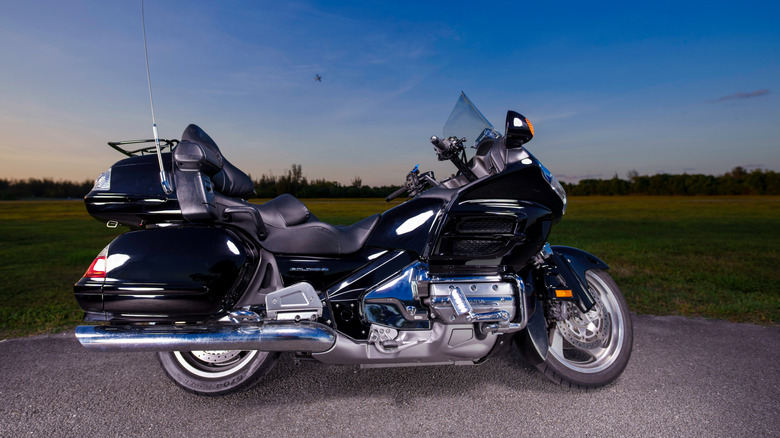 Dark blue Honda Goldwing at sunset.