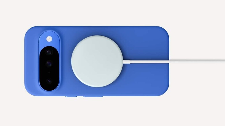 Pixelsnap wireless charger on the back of a Google Pixel phone, white background