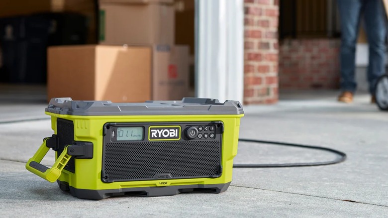 Ryobi Bluetooth speakers on floor