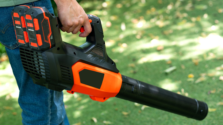 A person using a cordless leaf blower.