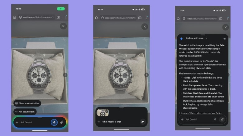 Looking up a watch on the phone's screen with Gemini AI.