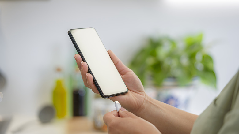 Person plugging USB-C cable into phone