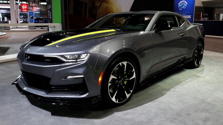 A gray 2020 Chevrolet Camaro on display at an auto show