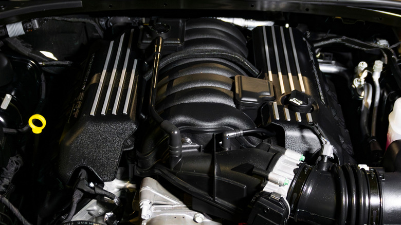 Front view of Dodge SRT 6.4 HEMI V8 in Dodge Challenger engine bay.