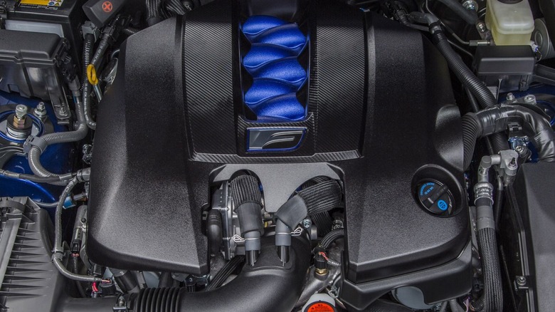 Top view of of Lexus 2UR-GSE V8 under the hood of Lexus GS F sedan.