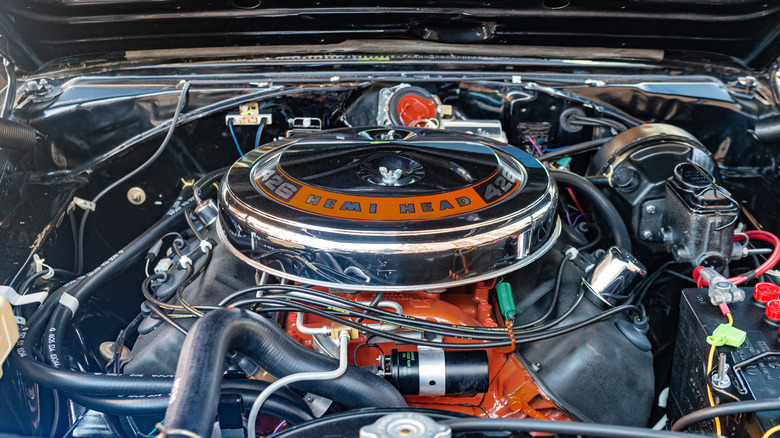 426 Hemi engine in the engine bay of a car
