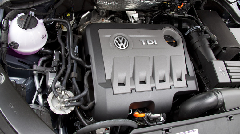 A Volkswagen EA189 engine under the hood of a VW Tiguan.