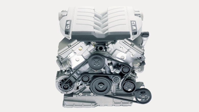 A Volkswagen W12 engine from the Phaeton on a white background.