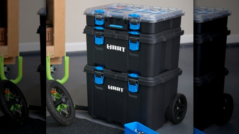 Hart Stack System Mobile Tool Storage and Organization kit on garage floor