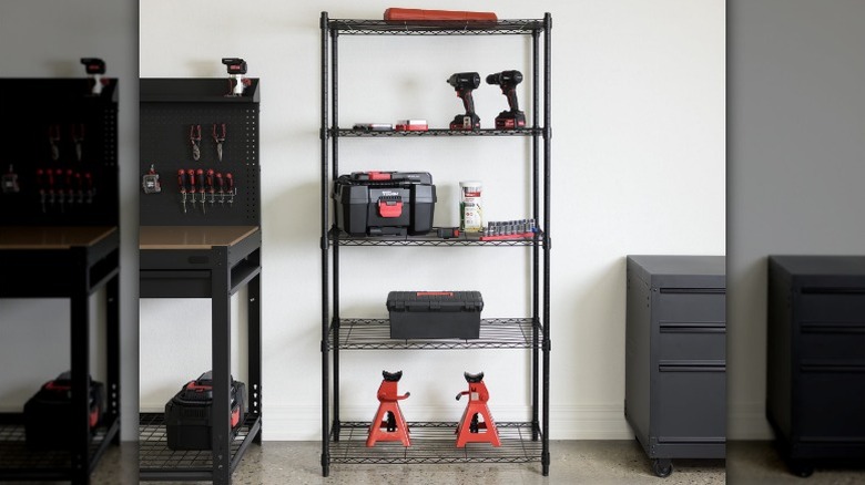 Hyper Tough 5-Tier Wire Storage Shelves holding tools and gear