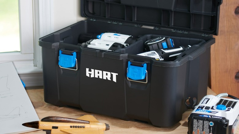 Close up of toolbox from Hart Stack System Mobile Tool Storage and Organization kit on workbench