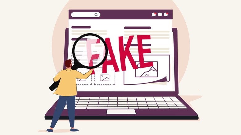 Graphic showing a fake website with a man holding a magnifying glass up to it