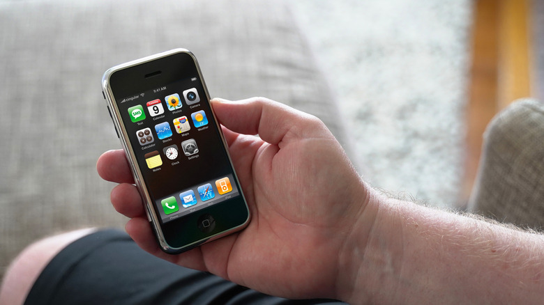 A close up shot of the original iPhone's multi-touch display