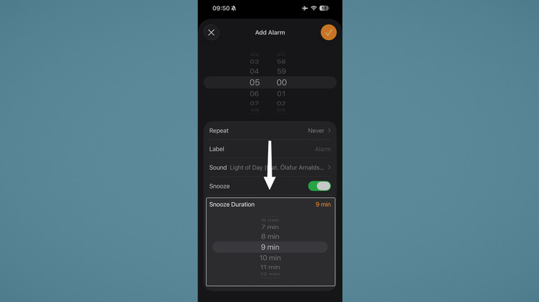 Changing alarm snooze duration on iOS 26