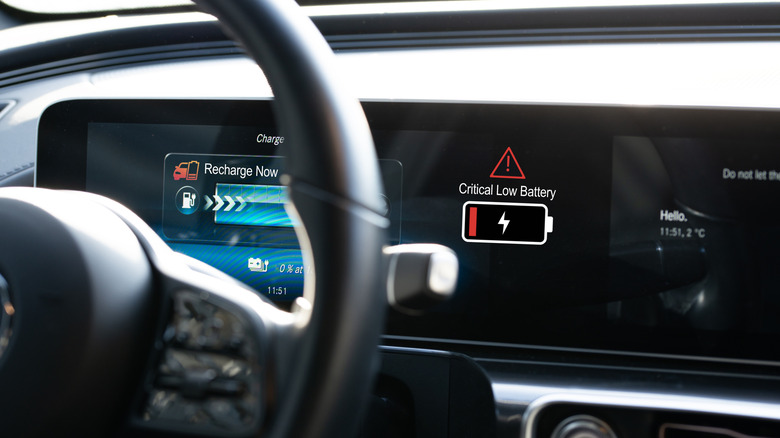 An electric car's dahsboard showing a low battery warning.