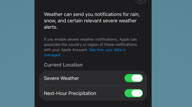 The severe weather and next-hour precipitation notifications in the iPhone Weather app.