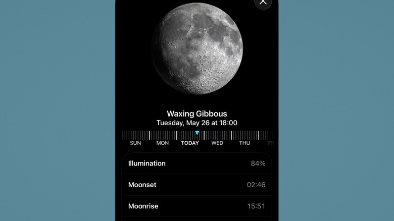 Detailed moon phase information in the iPhone Weather app.