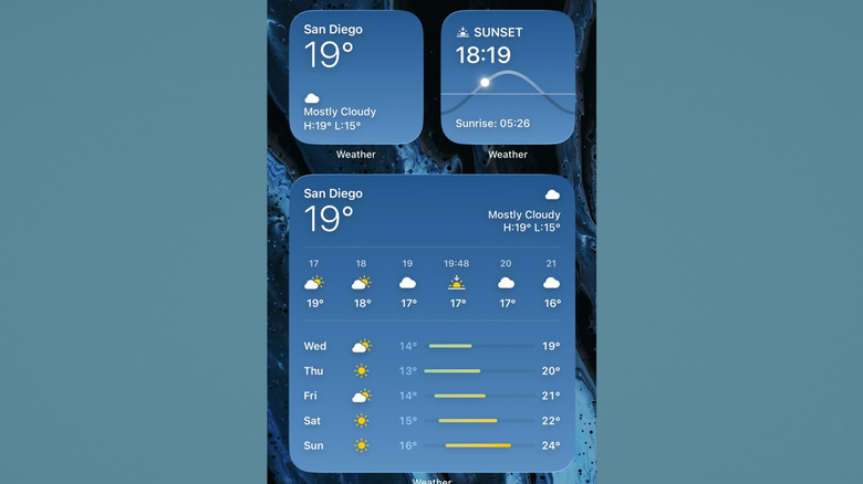 Weather widgets on the iPhone home screen.