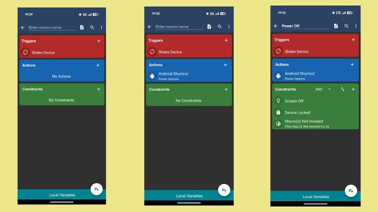 Setting up a macro in MacroDroid that brings up power menu by shaking the device.
