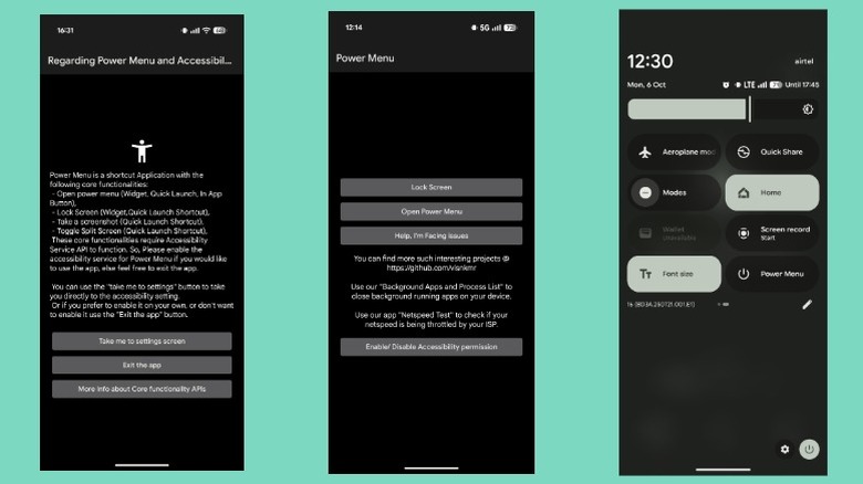 Using the Power Menu app and Quick Settings toggle to restart a Pixel phone.