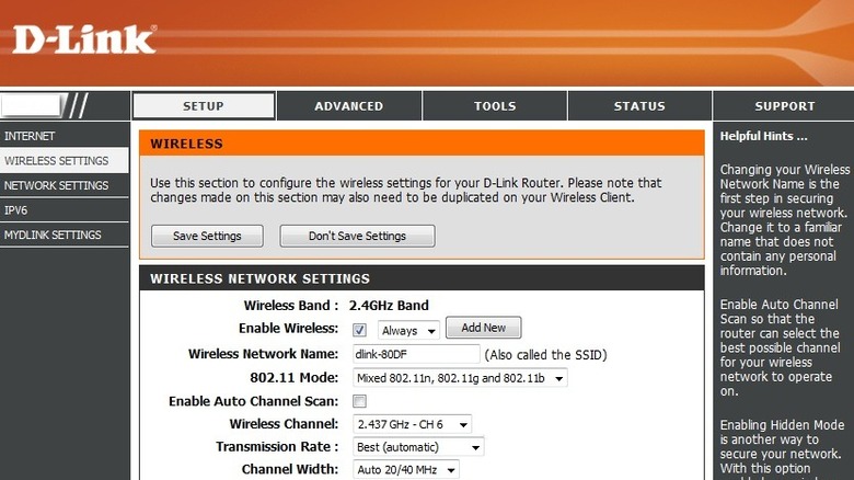 A screenshot of a D-Link router settings, the Wireless Settings page is selected.