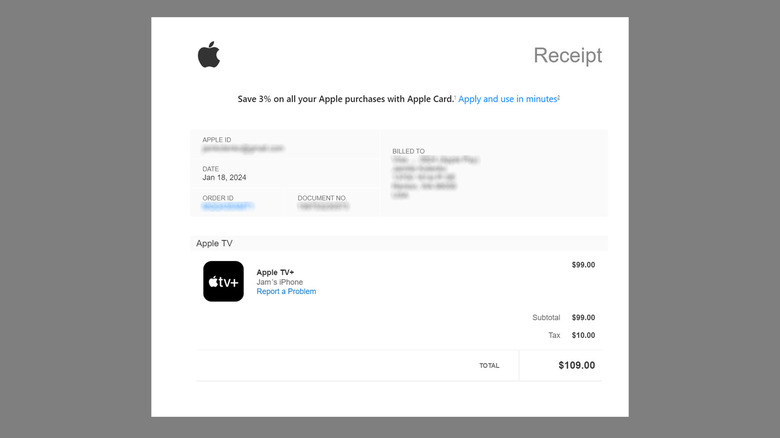 Apple TV plus purchase history receipt