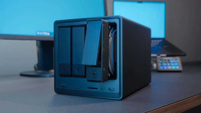 A NAS device with one HDD bay pulled out