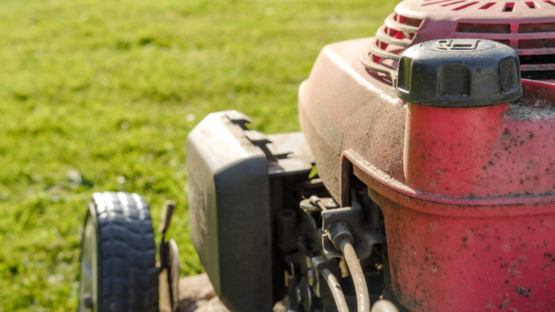 Close-up of lawn mower filter area
