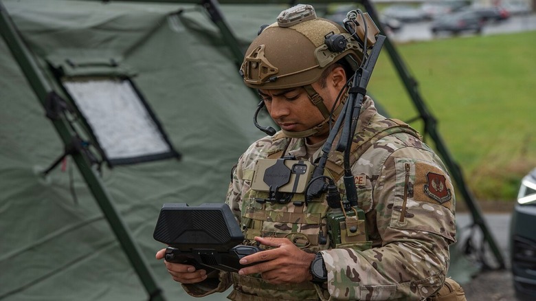 U.S. Air Force member operating an Unmanned Aircraft System.