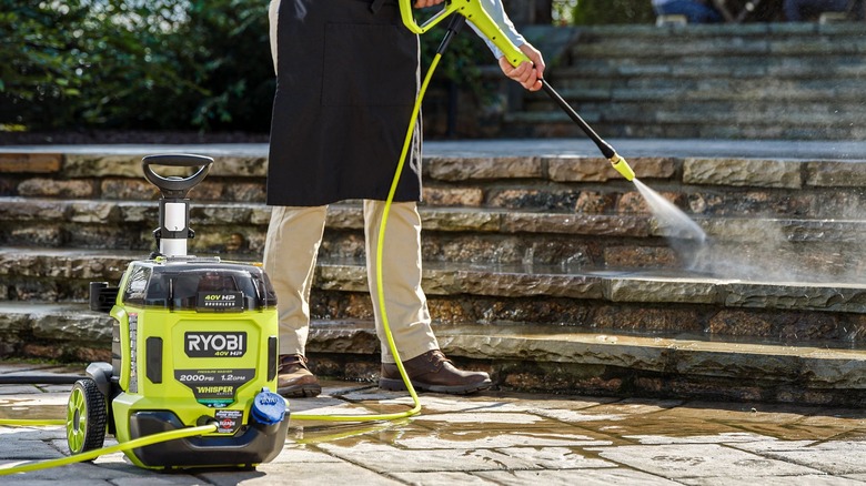 Ryobi pressure washer in use