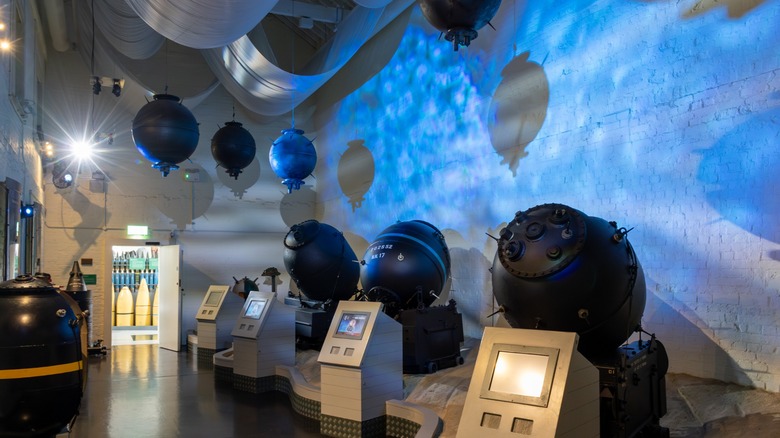 A variety of naval mines on display at the Explosion Museum