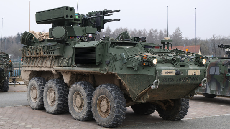 M-SHORAD weapon system on a Stryker military vehicle.