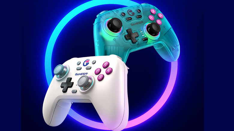 A pair of GameSir controllers with a dark blue background