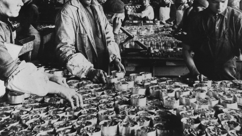black and white photo of workers at a cannery