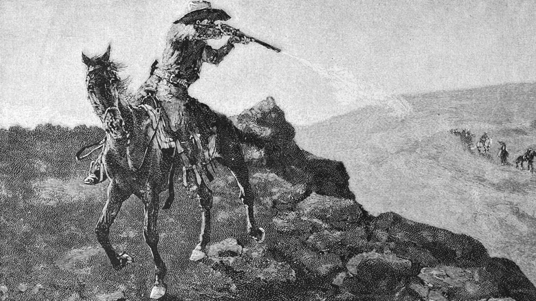 An illustration depicting a cowboy on horseback firing a gun