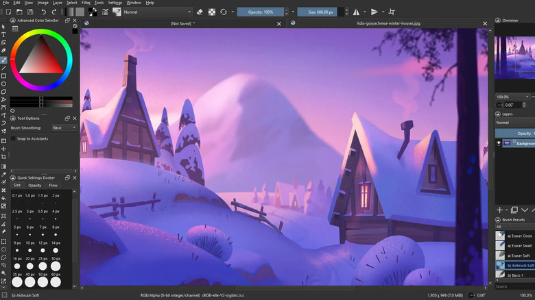 Editing a cartoonty drawing of a snowy village in Krita
