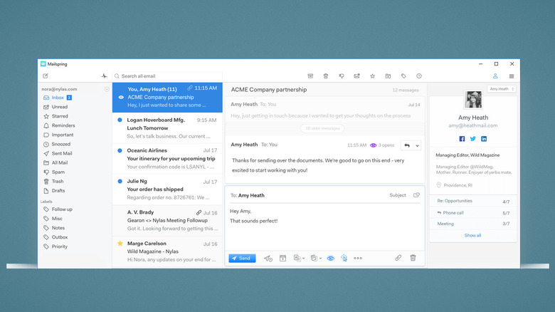 Mailspring's main email view on blue background