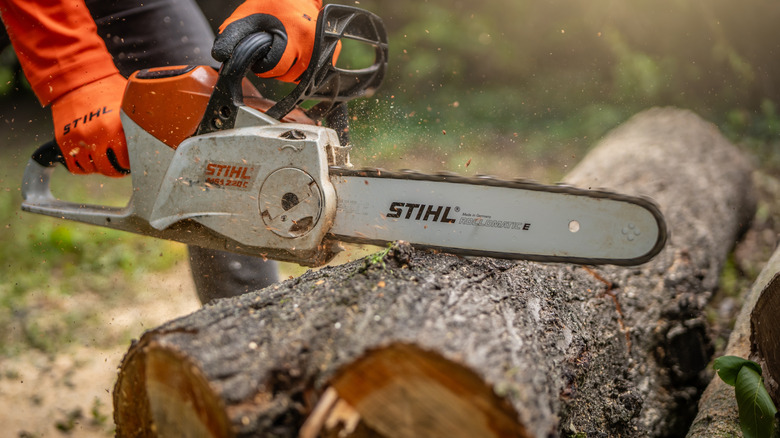 A person cuts a log with a Stihl chainsaw