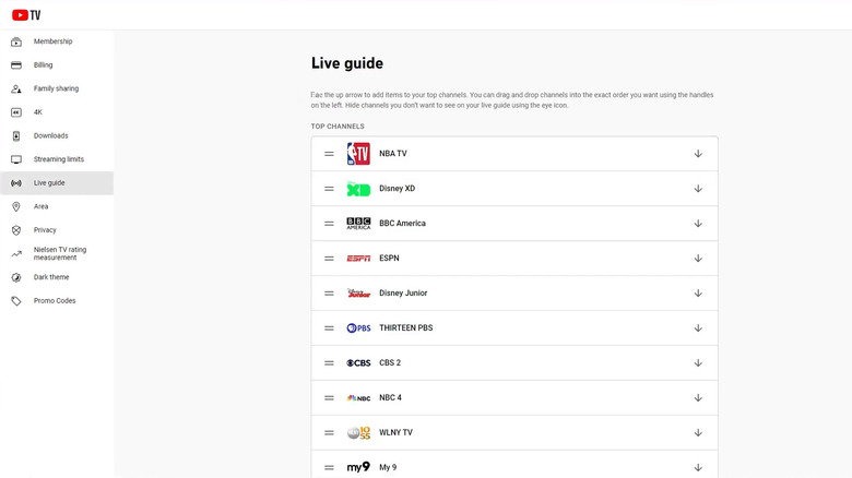 Editing channel list on YouTube TV on PC.